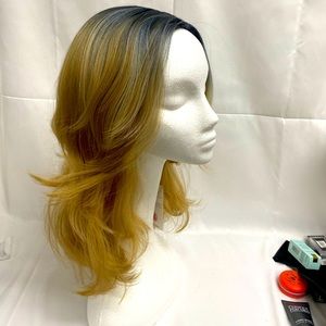18 inch Synthetic layered cut wig with a splash of Blue color